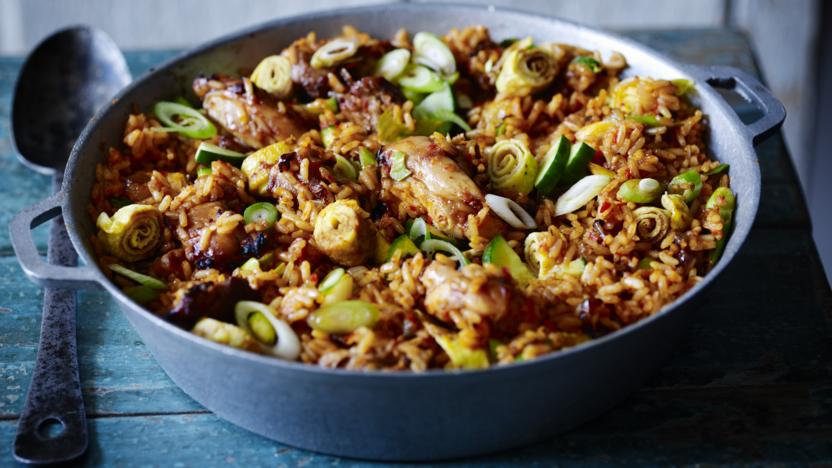 Nasi goreng with lime and sugar barbecued chicken