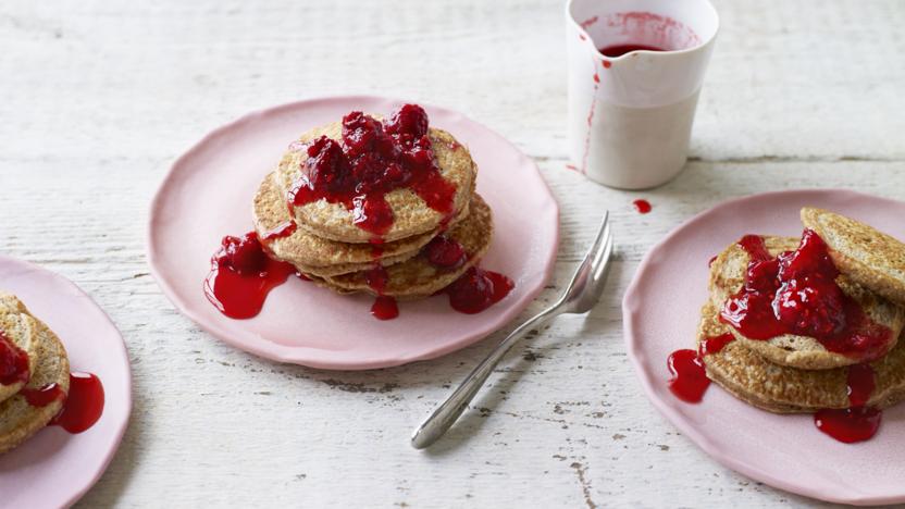 Oat pancakes with raspberries and honey recipe - BBC Food