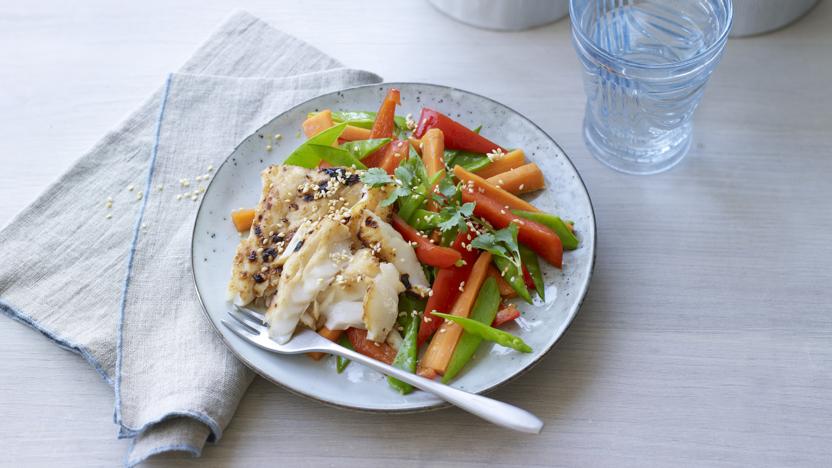 Soy and mirin cod with stir fry 