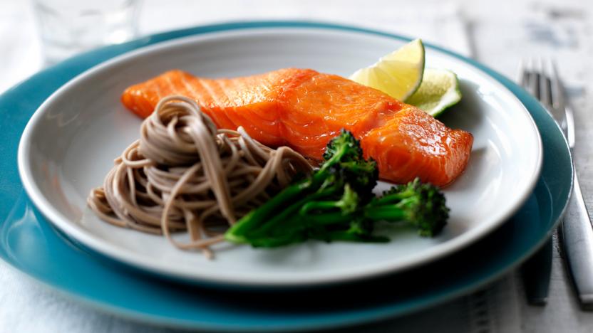 Sweet miso-marinated salmon with soba noodles