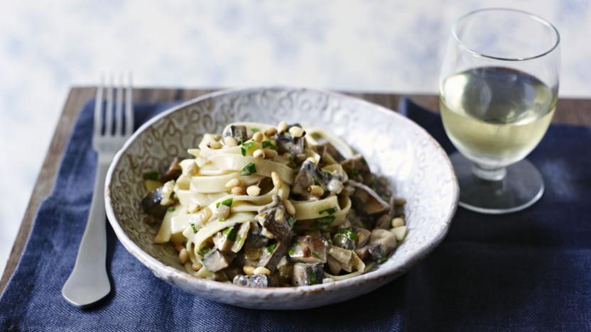 Pasta with mushrooms and pine nuts