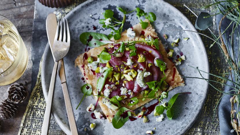 Pear tart with Stilton and pistachios