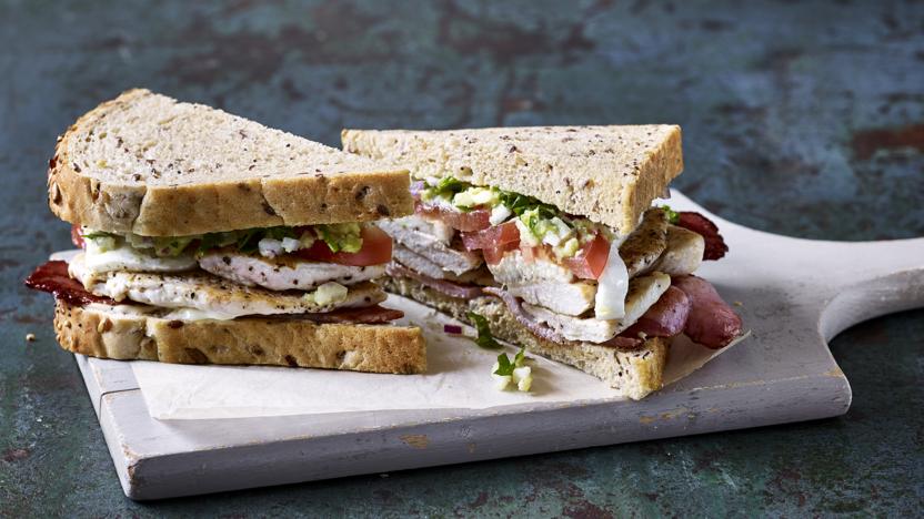 Chicken, bacon, mozzarella and guacamole sandwich