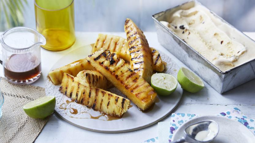 No-churn rum and raisin ice cream with glazed pineapple