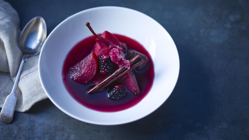 Poached quince and winter fruit in spiced wine