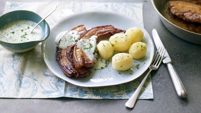 Pork belly with parsley sauce and lovage potatoes