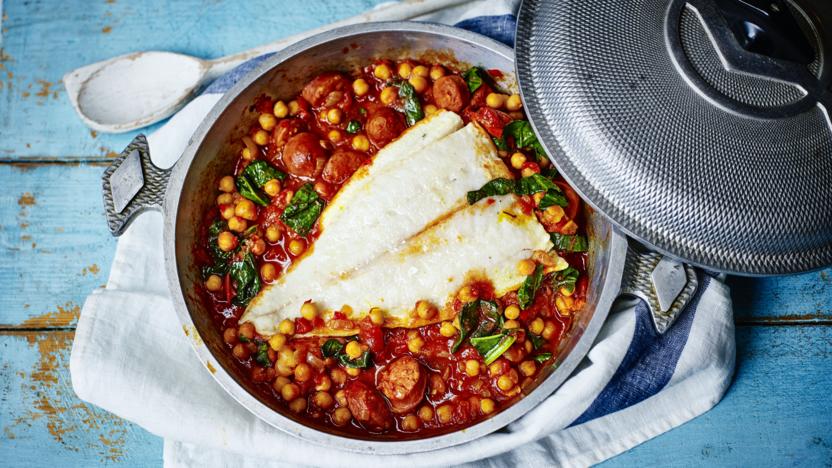 Pollack, chorizo and chickpea stew