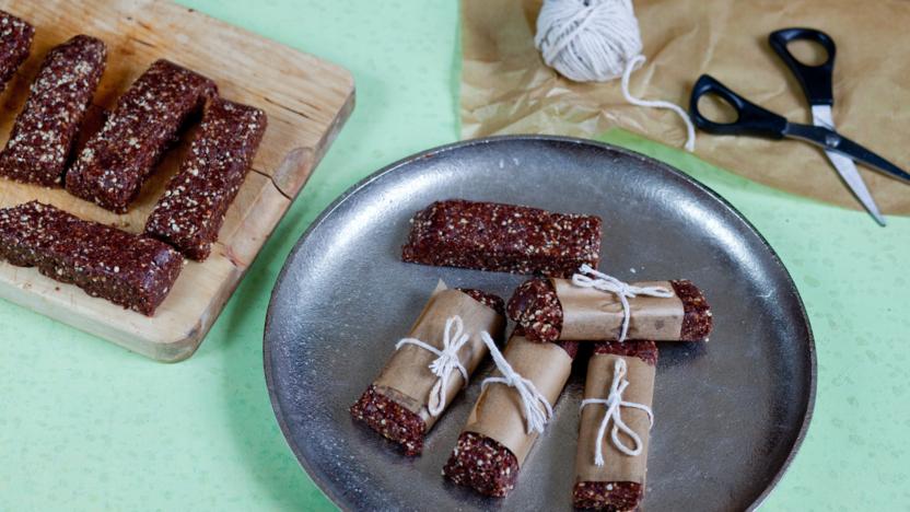 Pressed dried fruit and nut energy bars