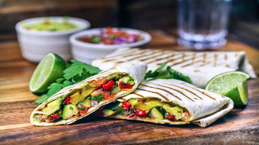 Grilled vegetable wraps with salsa and guacamole