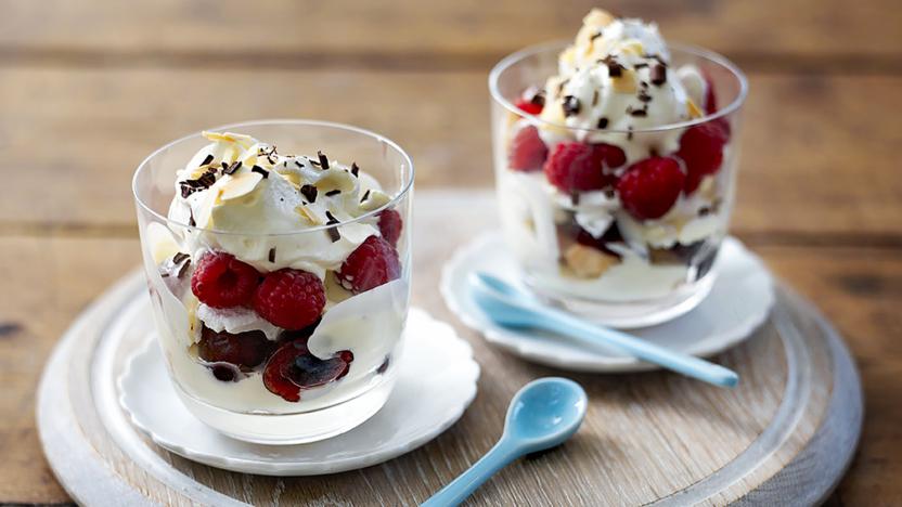 Raspberry and cherries jubilee trifle