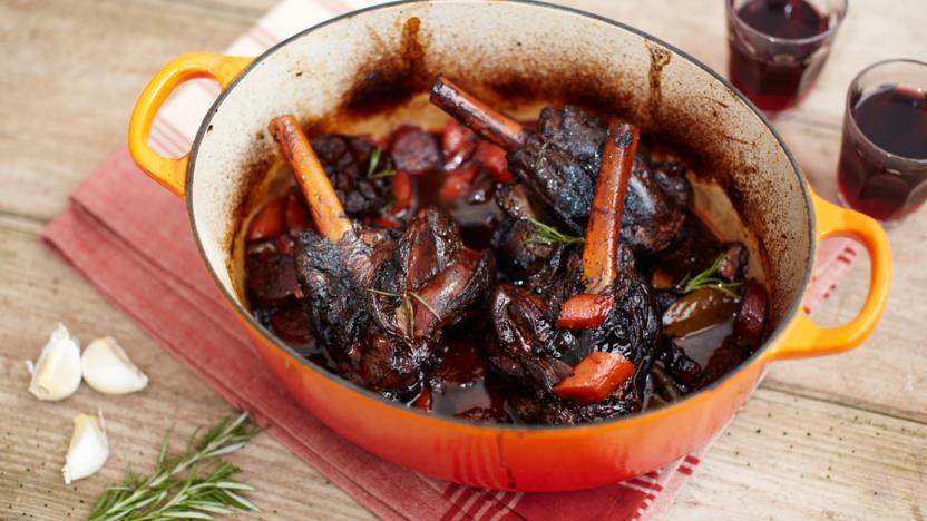 Rioja-braised lamb shanks with chorizo and garlic