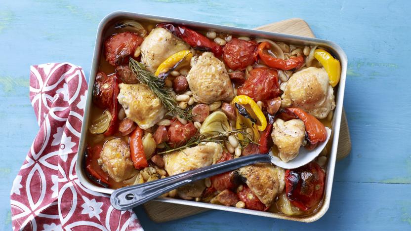 Chicken traybake with chorizo, tomato and red peppers