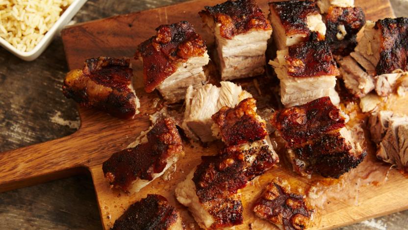 Crispy roast pork belly with egg fried rice