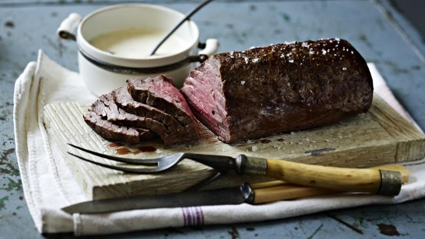 Roast fillet of beef with roasted garlic and mustard cream