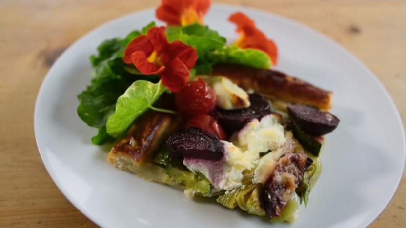 Roasted vegetable and goats' cheese tart