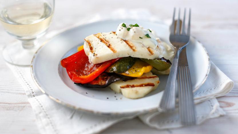 Roasted vegetable stack with griddled halloumi cheese