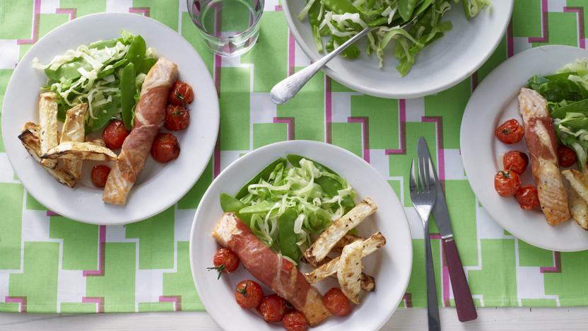 Salmon in Parma ham with celeriac chips