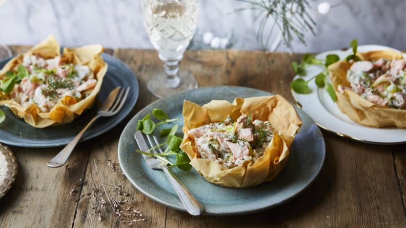 Salmon, leek and dill tarts