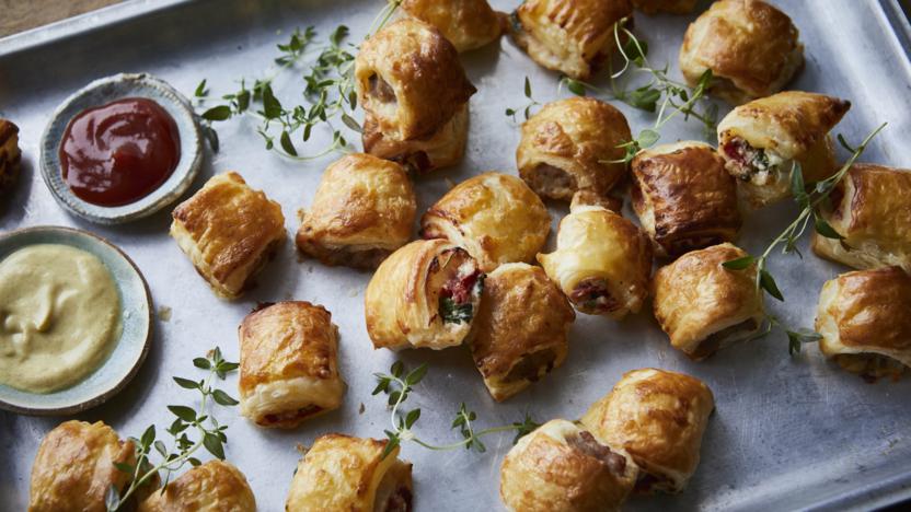 Mini sausage rolls and veggie red pepper ricotta puffs 