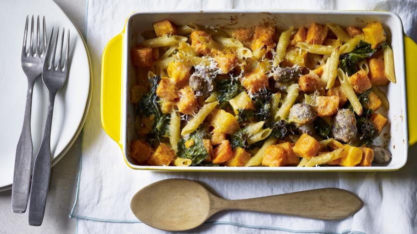 Sausage, squash and kale pasta bake