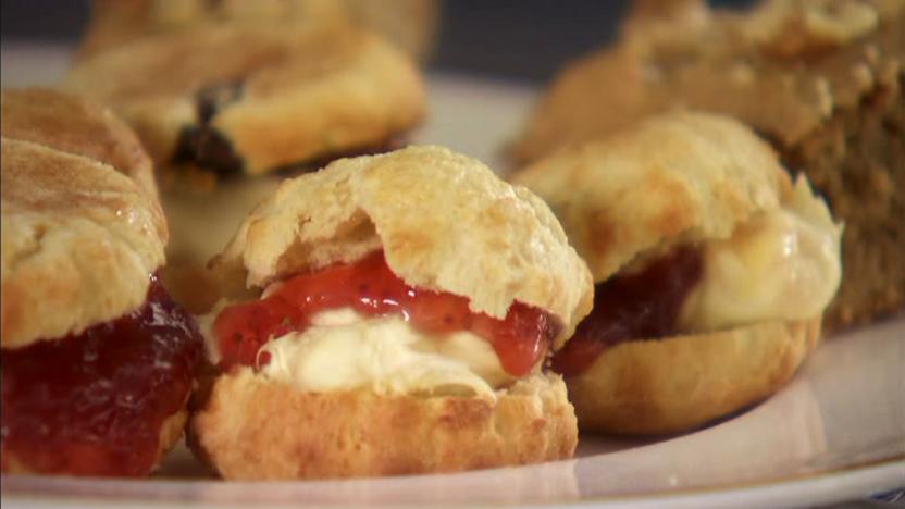 Plain scones with jam and cream