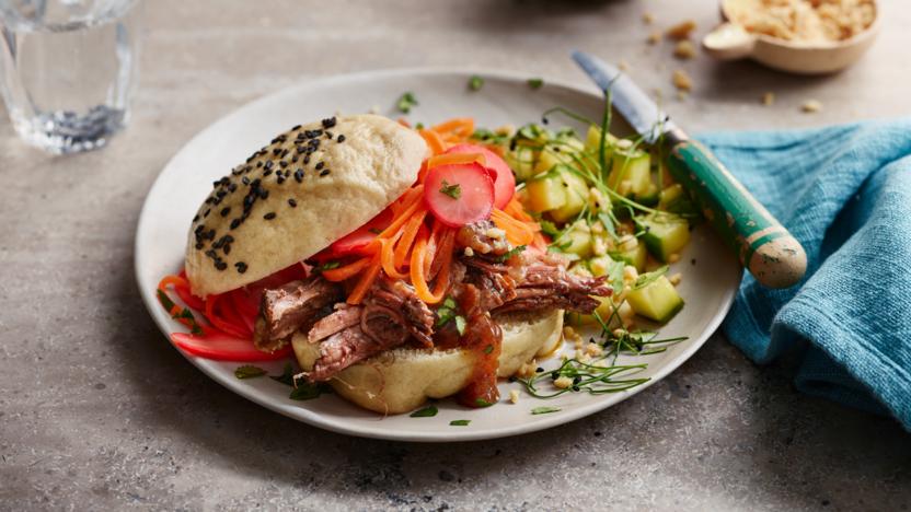 Short rib bao burger and spicy cucumber salad