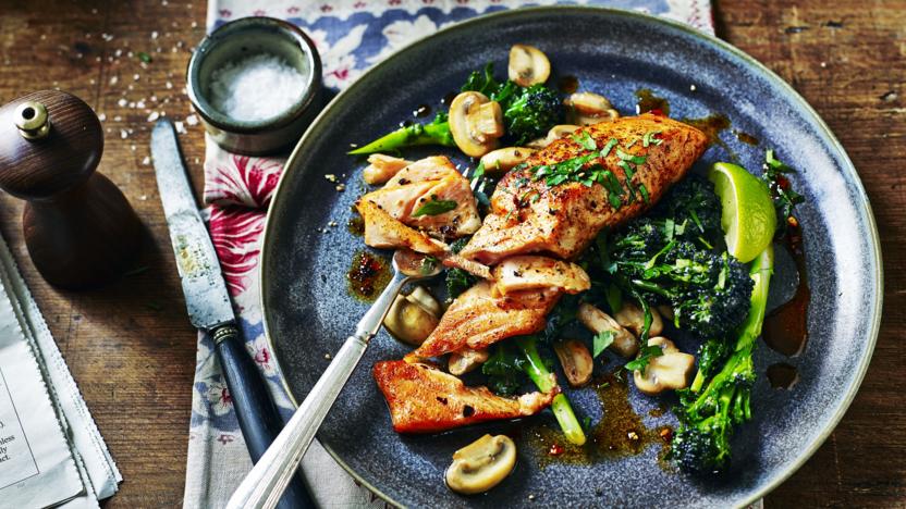 Sicilian-style salmon with garlic mushrooms