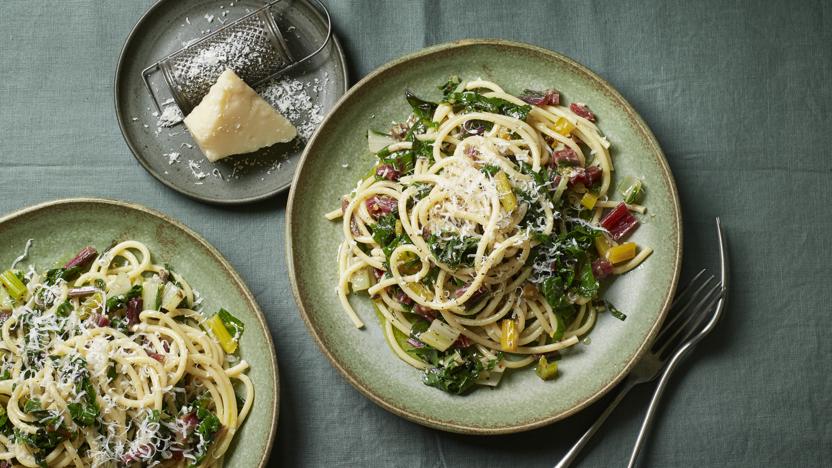 Spaghetti with chard, chilli and anchovies