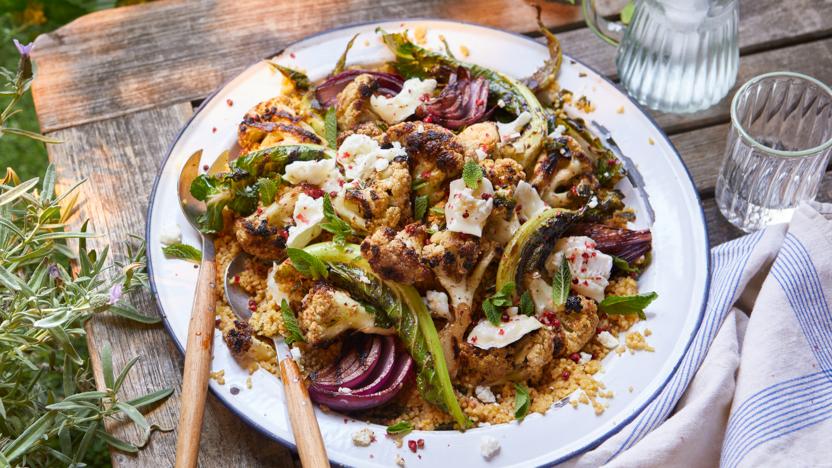 Barbecued cauliflower with lemony bulgur and goats’ cheese 