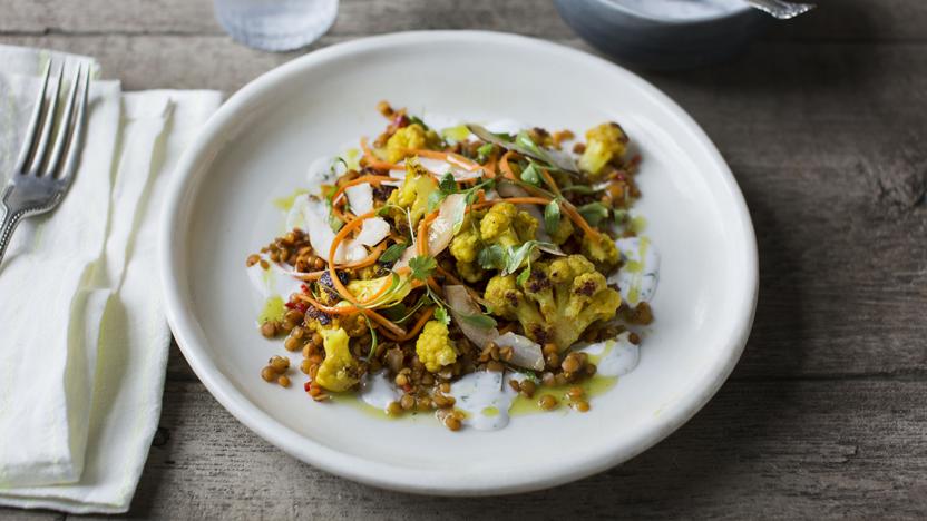 Spiced cauliflower with toasted coconut and red lentils