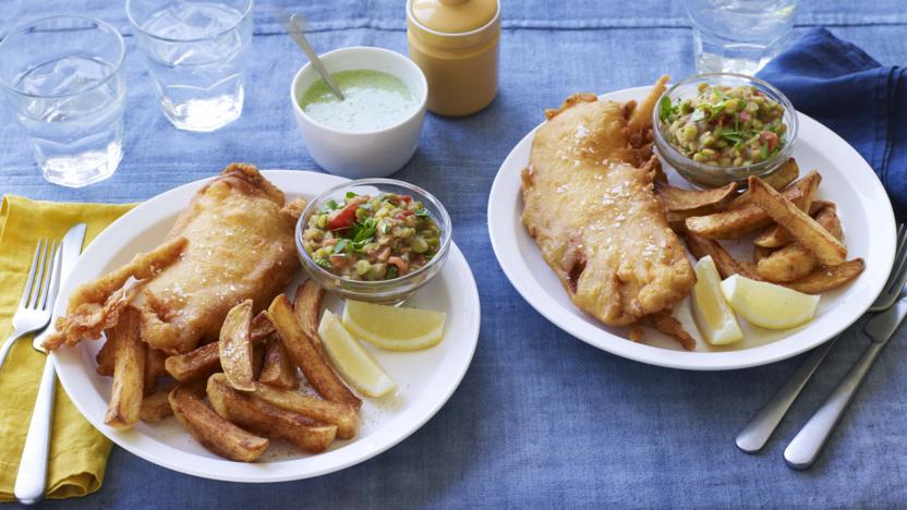 Spiced fish and proper chips with coriander chutney and curried peas