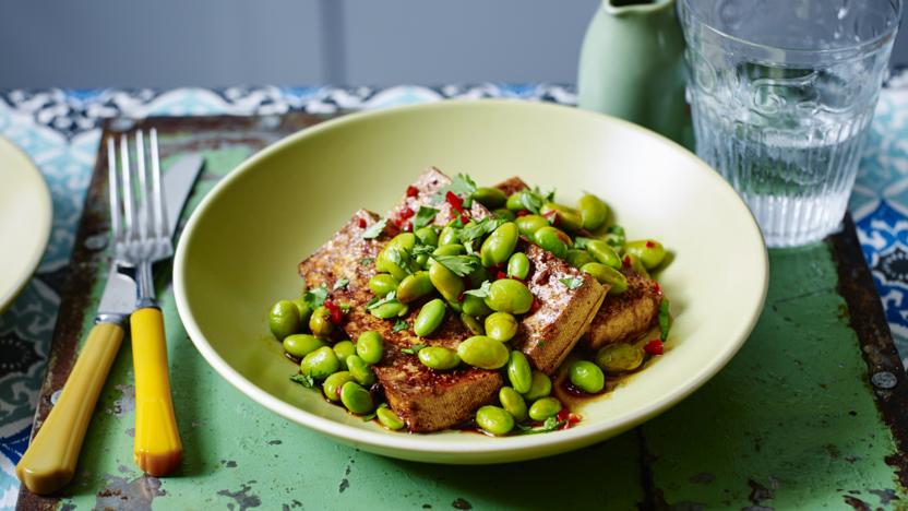 Spicy tofu and edamame beans