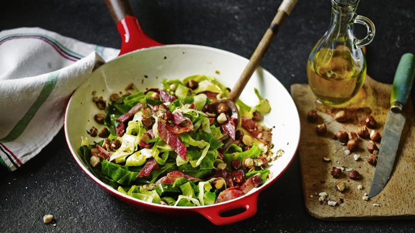 Greens with bacon and hazelnuts recipe - BBC Food