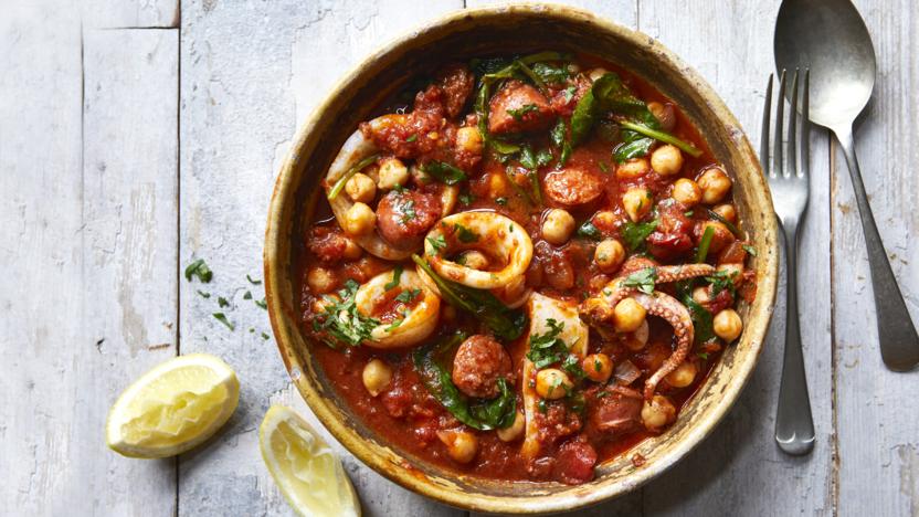 Squid, chickpea and chorizo stew 