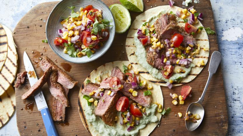 Steak tacos with burnt corn salsa