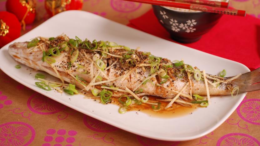 Steamed Cantonese-style fish with spicy noodles