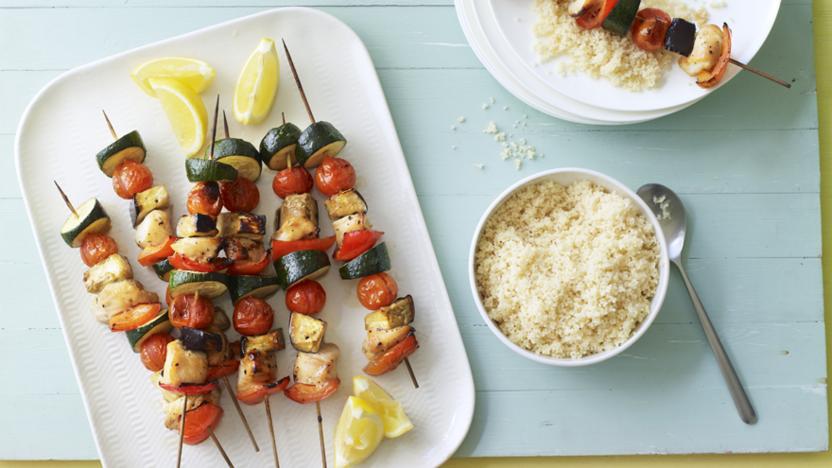 Sticky chicken and vegetable kebabs with couscous