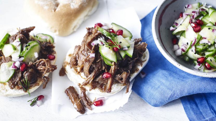Sticky lamb buns with pickled cucumber relish