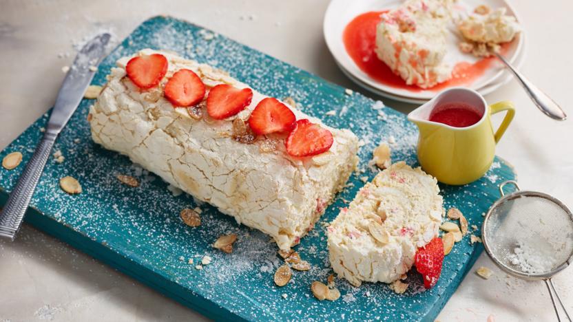 Strawberry and almond meringue roulade