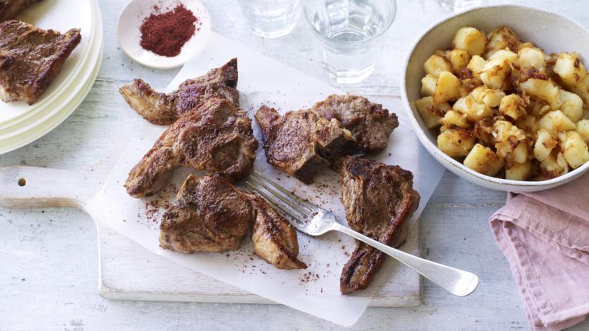 Sumac lamb chops with crushed caramelised onion potatoes