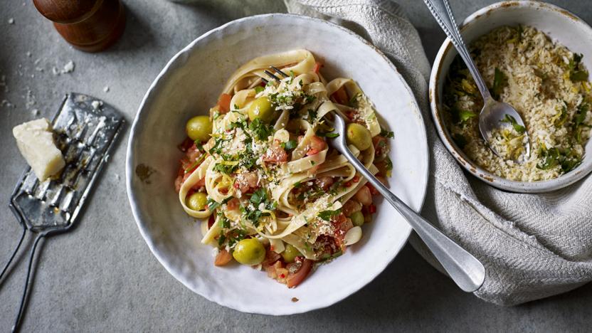 Tagliatelle with olives, anchovies and pangrattato