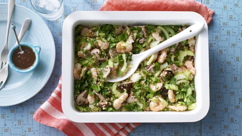 Tamarind prawns with mushrooms, pak choi and bulgur wheat