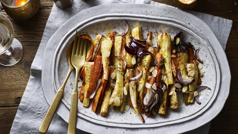 Roast carrots and parsnips with orange and almonds 