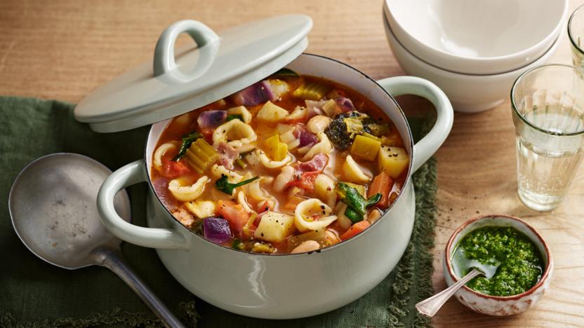 Tuscan bacon and bean soup with wild garlic pesto