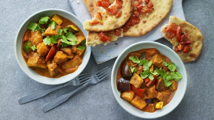 Vegetable curry with quick naan breads