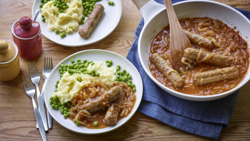 Veggie sausage and mash with onion gravy 