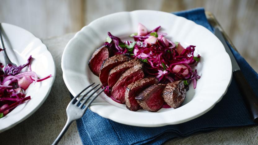 Venison with red cabbage slaw