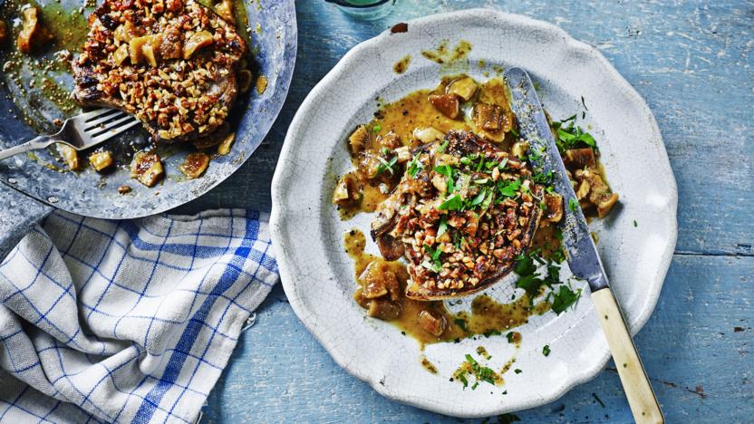 Walnut-crusted pork chops with figs