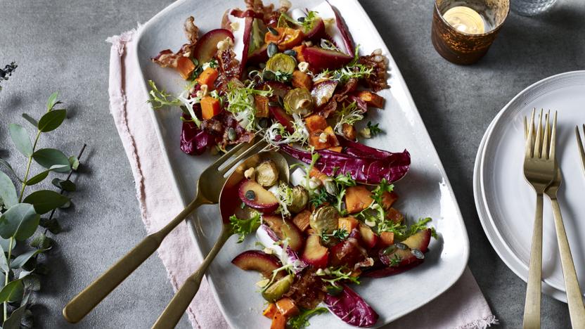 Warm salad of pancetta, sweet potato and Brussels sprouts