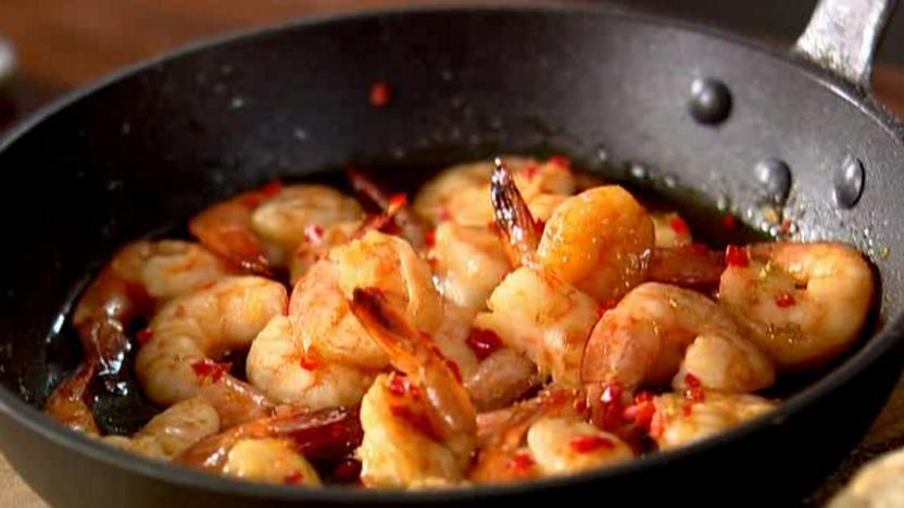 Whisky and chilli tiger prawns 